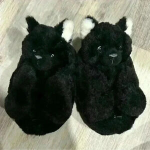 Baby Gap Kids Black Cat Fluffy Slippers Fuzzy Plush Animal Sock Toddler Size 7-8